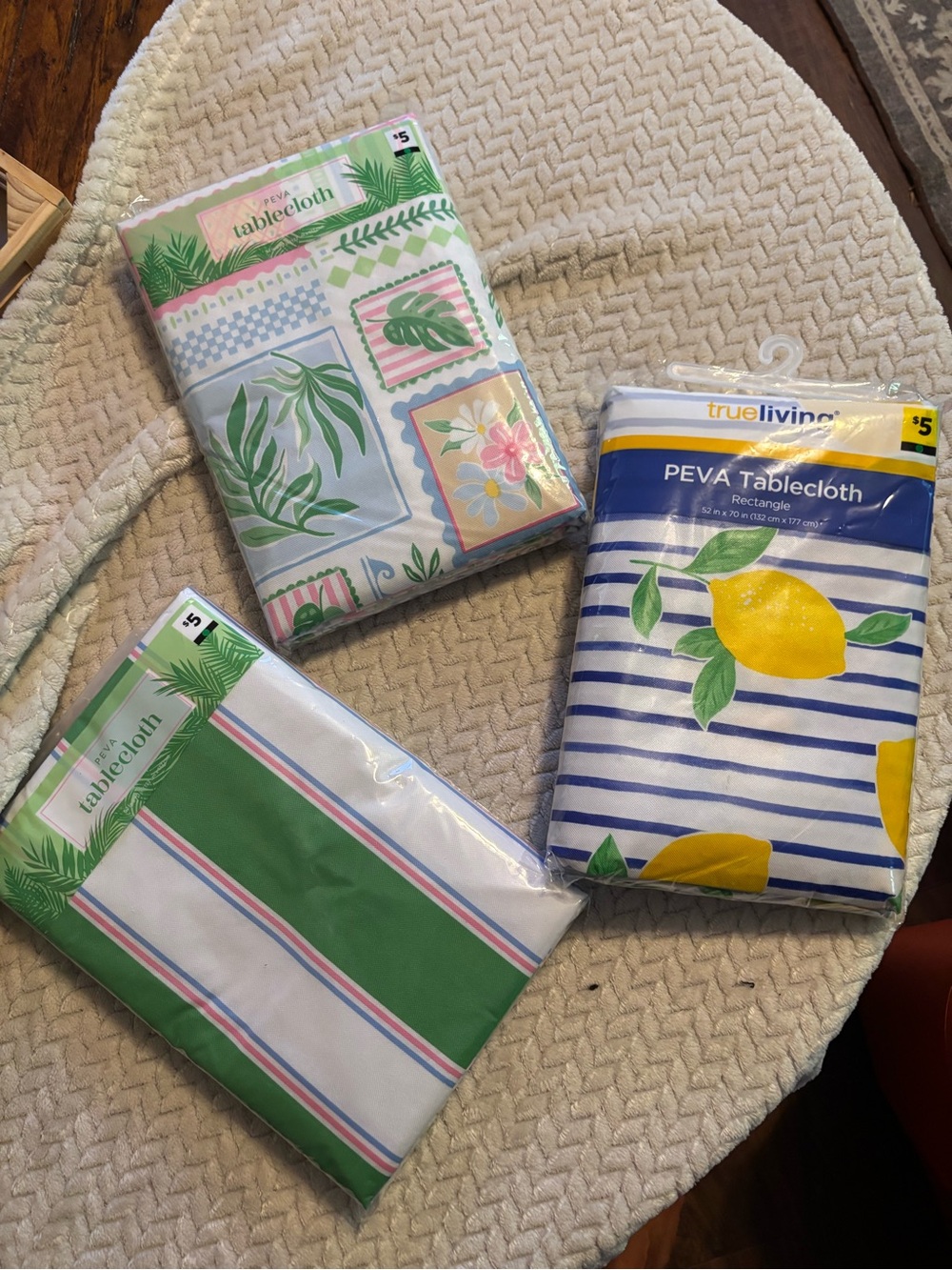 True Living PEVA Tablecloth — Blue & Yellow Lemon Stripe